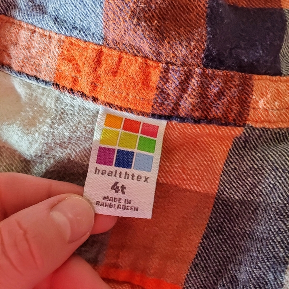Healthtex Orange Blue White Checked Plaid Button Down Flannel Shirt Size 4T EUC - Picture 2 of 15